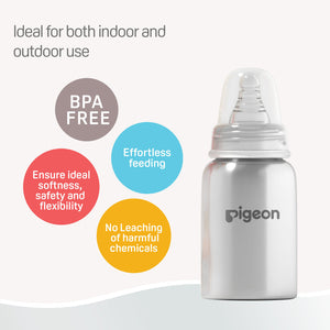Silver baby bottle with Pigeon branding on a light gray background, featuring text about its features. Pigeon Steel Feeding Bottle 150ml - S Size 0+ Months go littles product image 2