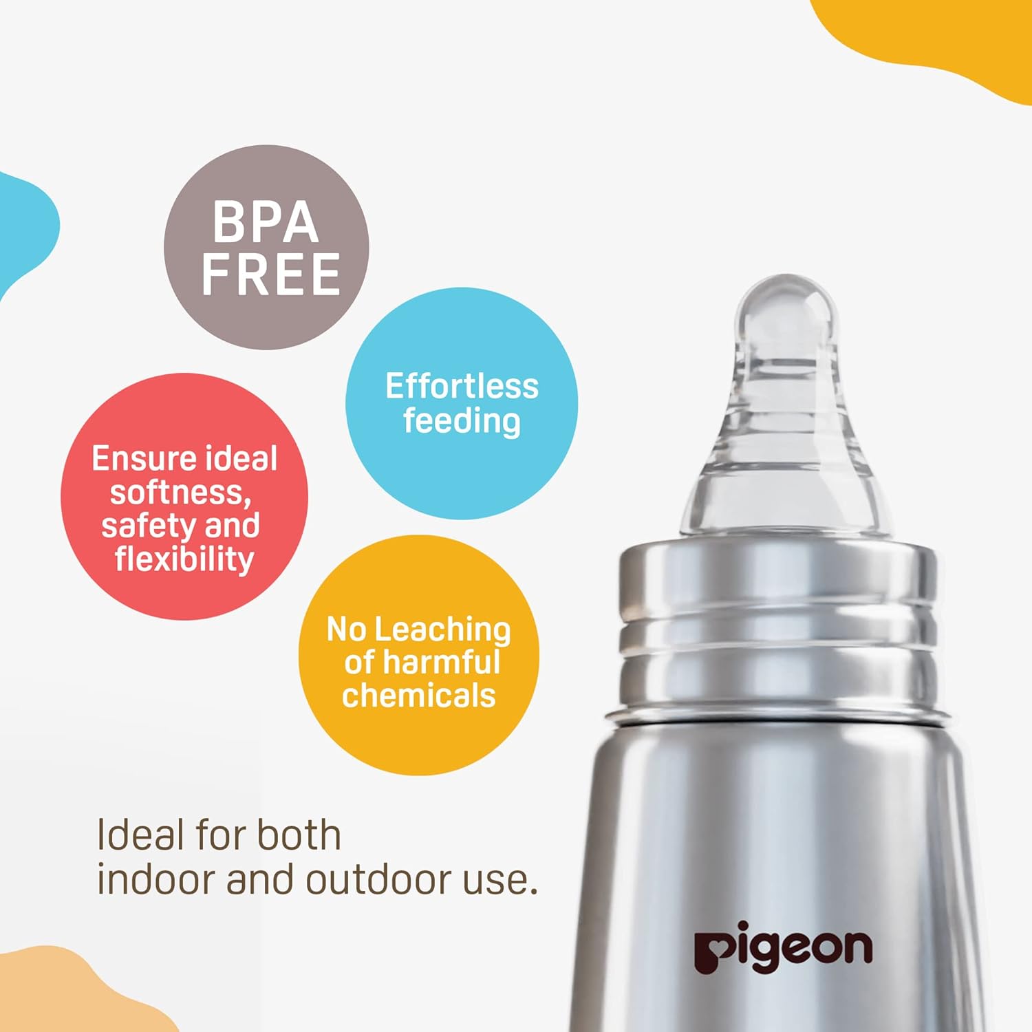 Silver baby bottle with Pigeon branding on a white background with colorful text about bottle features. Pigeon Steel Feeding Bottle  220ml  Y Size  6months+ go little product image 3