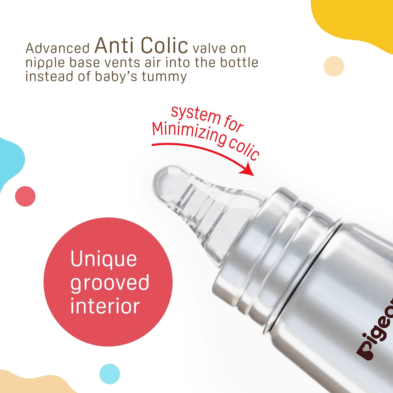 Bottle with anti colic valve feature and Pigeon branding on a white background. Pigeon Steel Feeding Bottle  220ml  Y Size  6months+ go little product image 4