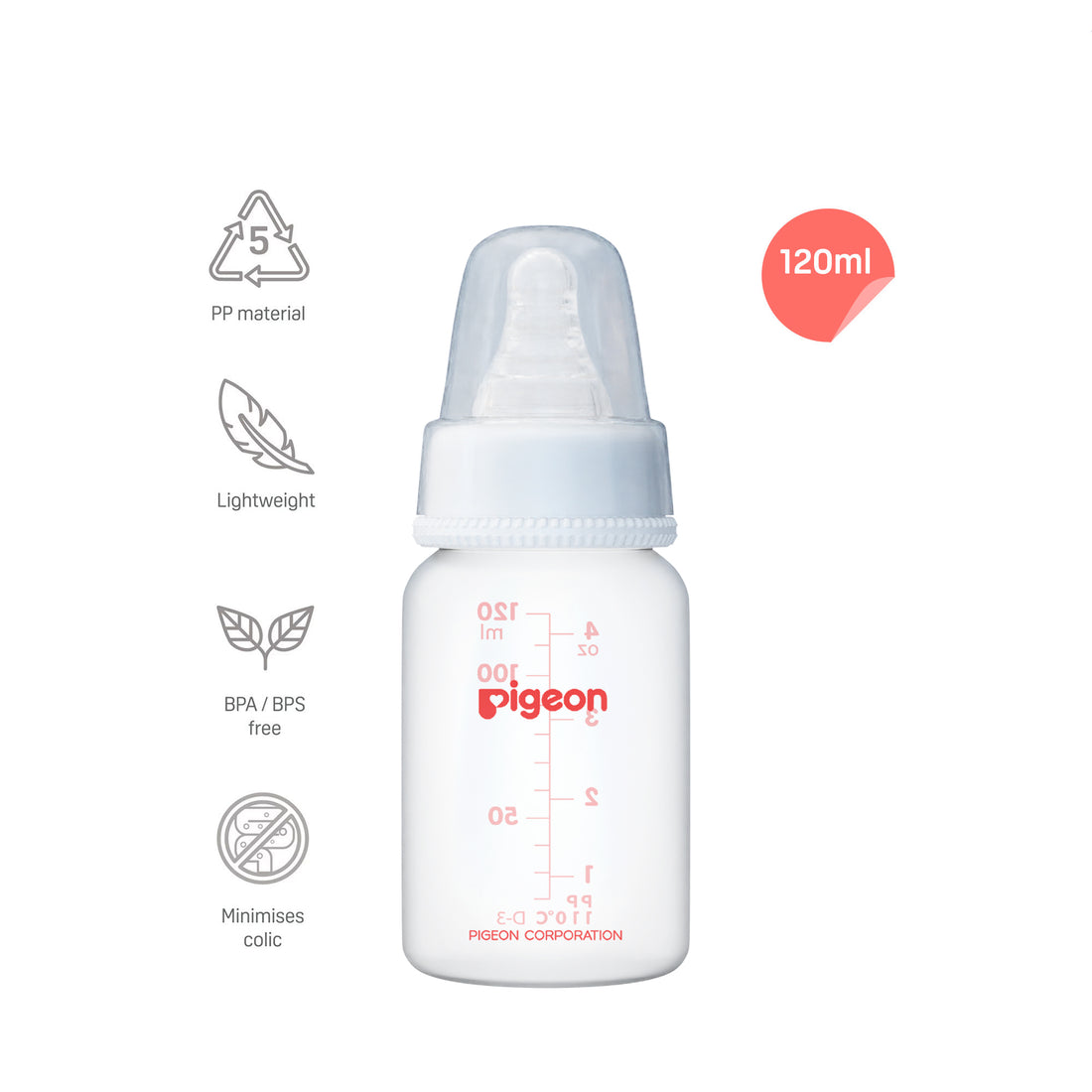 Pigeon baby bottle with features and specifications on a white background. Pigoen Feeding Bottle 0+ months 120ml White go littles product image 2