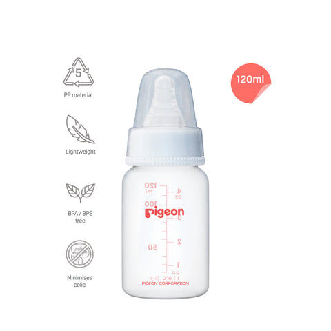 Pigeon baby bottle with features and specifications on a white background. Pigoen Feeding Bottle 0+ months 120ml White go littles product image 2