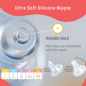 Ultra soft silicone nipple with round hole design and size chart on a gray background. Pigoen Feeding Bottle 0+ months 120ml White go littles product image 6