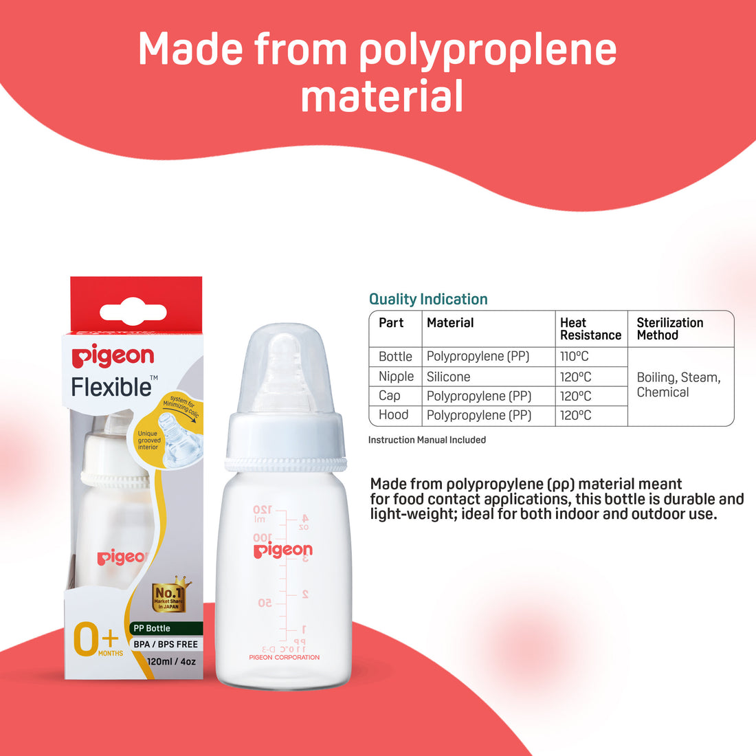 Pigeon baby bottle and packaging with material information on a red and white background. Pigoen Feeding Bottle 0+ months 120ml White go littles product image 9