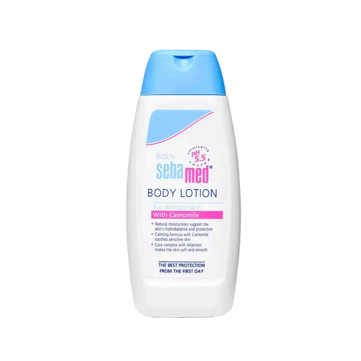 Sebamed baby body lotion bottle on a white background