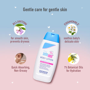 sedamed Baby lotion bottle with features listed on a gradient background