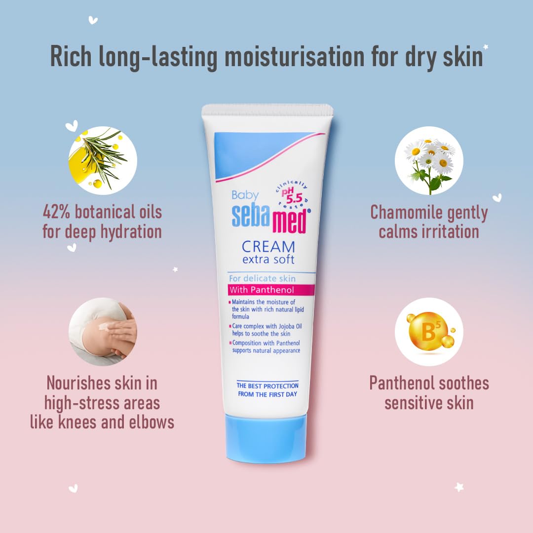 Tube of Sebamed Baby Cream Extra Soft with moisturizing benefits on a colorful background