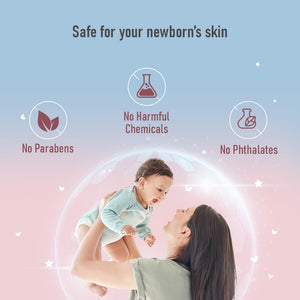 Mother holding her baby with product safety features highlighted on a light blue and pink gradient background.