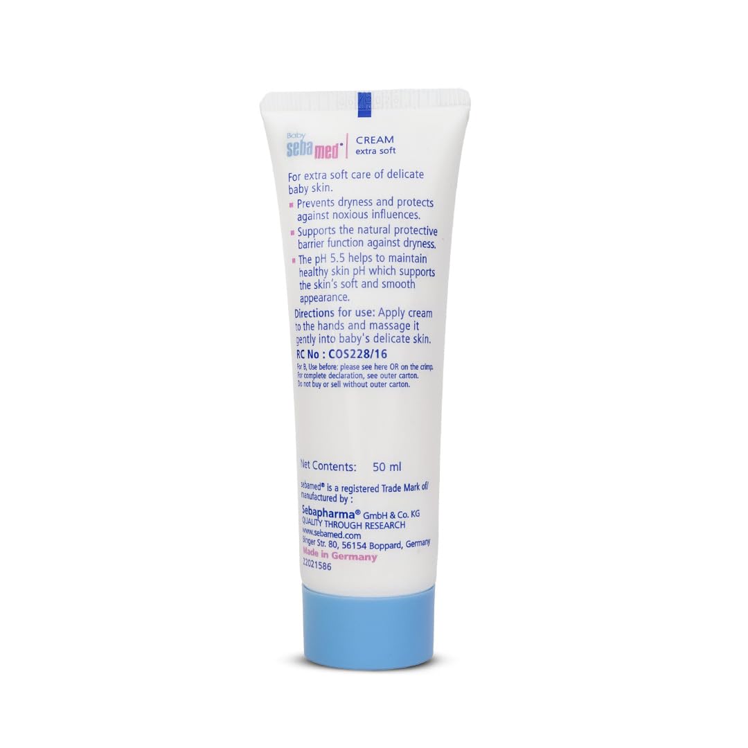 Tube of Sebamed cream extra soft baby cream with blue and white design on a white background
