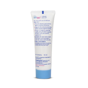 Tube of Sebamed cream extra soft baby cream with blue and white design on a white background