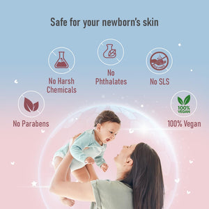 Baby being held by a mother with product safety features highlighted on a light blue and pink background.