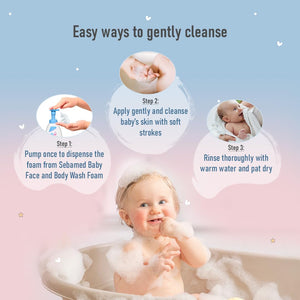 Baby being bathed with instructions on using Sebamed Baby Face and Body Wash Foam.