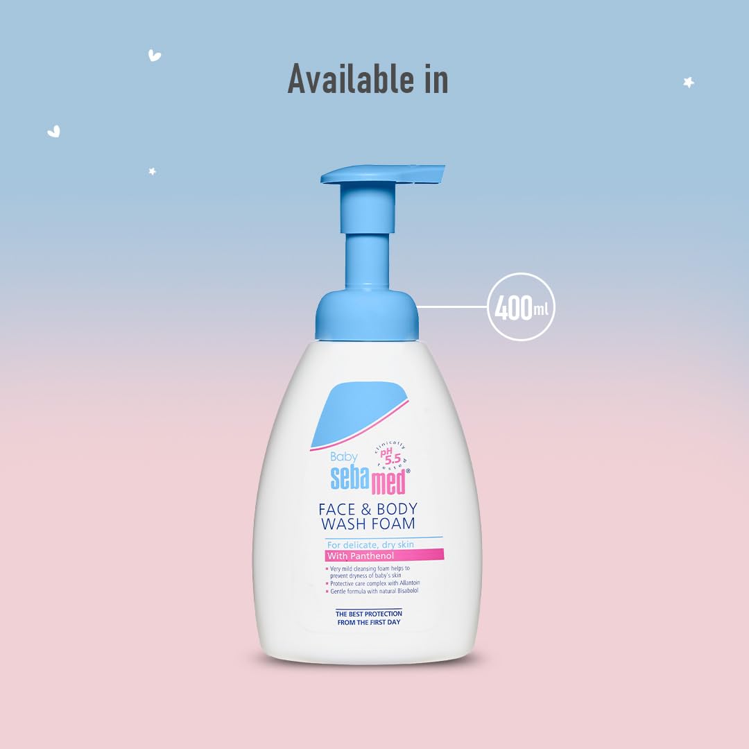 Sebamed face and body wash foam bottle with pump on a gradient background