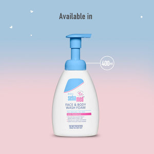 Sebamed face and body wash foam bottle with pump on a gradient background