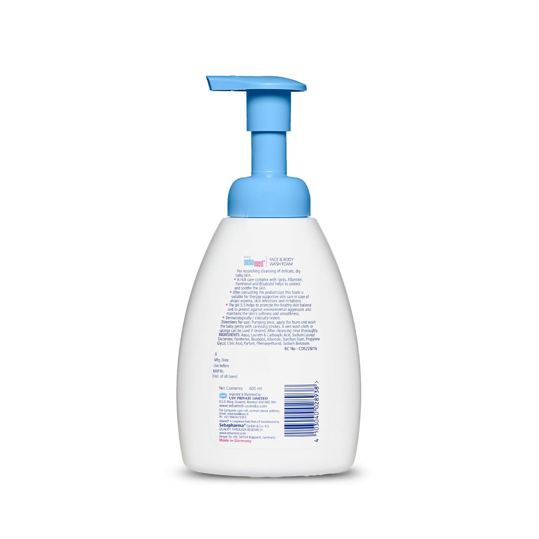 Sebamed Baby Face & Body Wash Foam hand bottle with blue pump on a white background