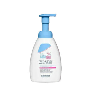 Baby face and body wash foam bottle with blue pump on a white background