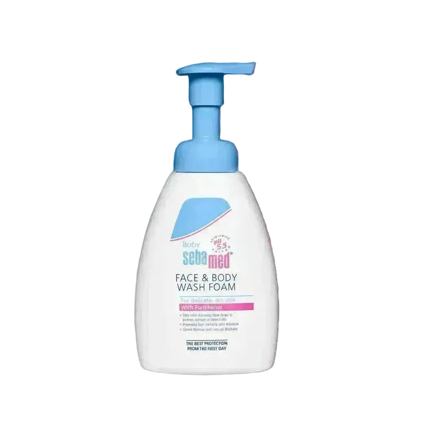 Baby face and body wash foam bottle with blue pump on a white background