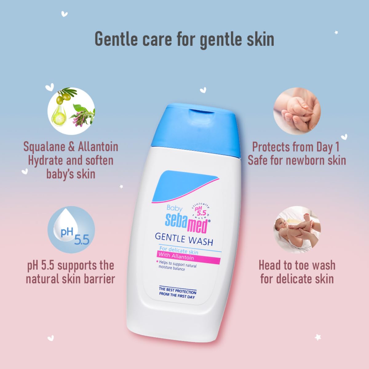 sebamed Baby wash bottle with text highlighting its gentle care for baby skin on a gradient background