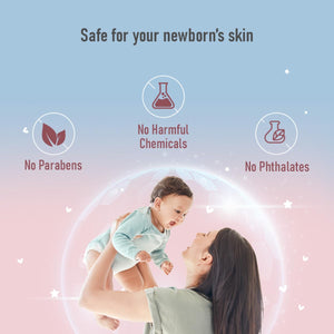 Mother holding her baby with product safety features highlighted on a light blue and pink gradient background.