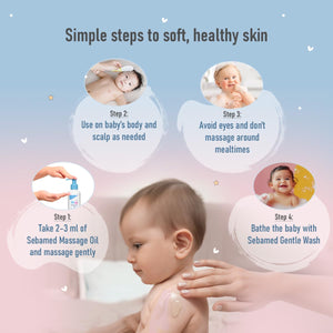 Steps for soft and healthy baby skin with Sebamed massage oil products on a light blue and pink gradient background.