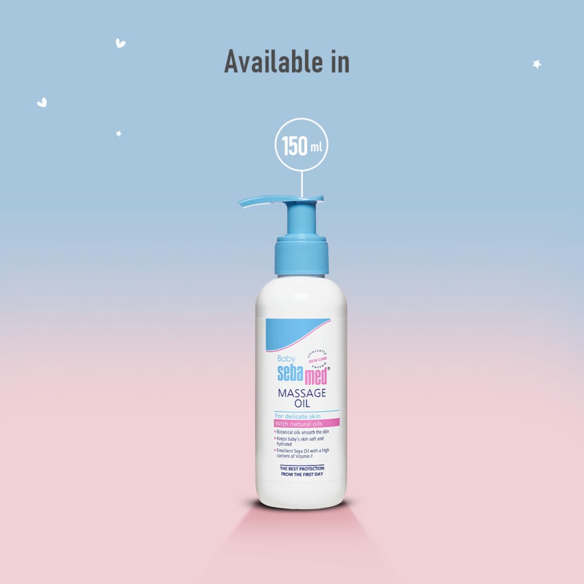 Bottle of Sebamed massage oil with a blue and white label on a gradient background