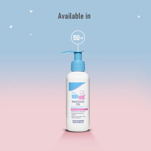 Bottle of Sebamed massage oil with a blue and white label on a gradient background