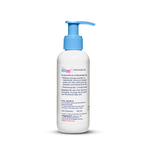 Sebamed Baby Massage Oil White bottle with blue pump on a white background