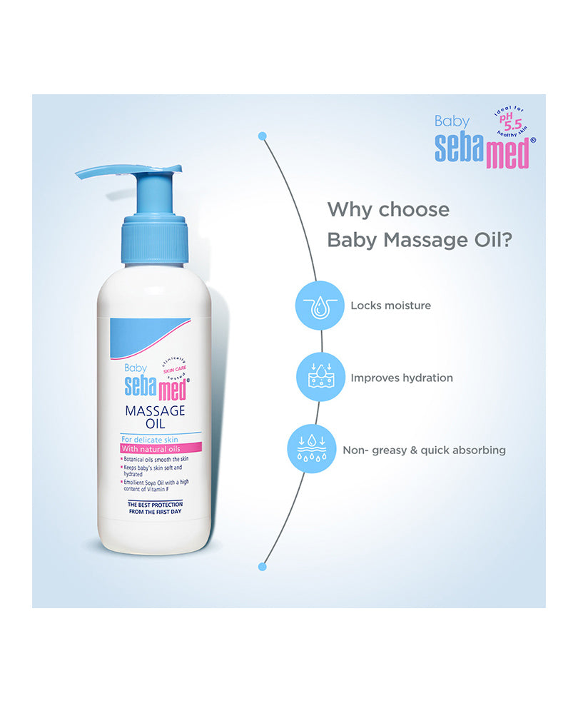 Baby massage oil bottle with Sebamed branding on a light blue background
