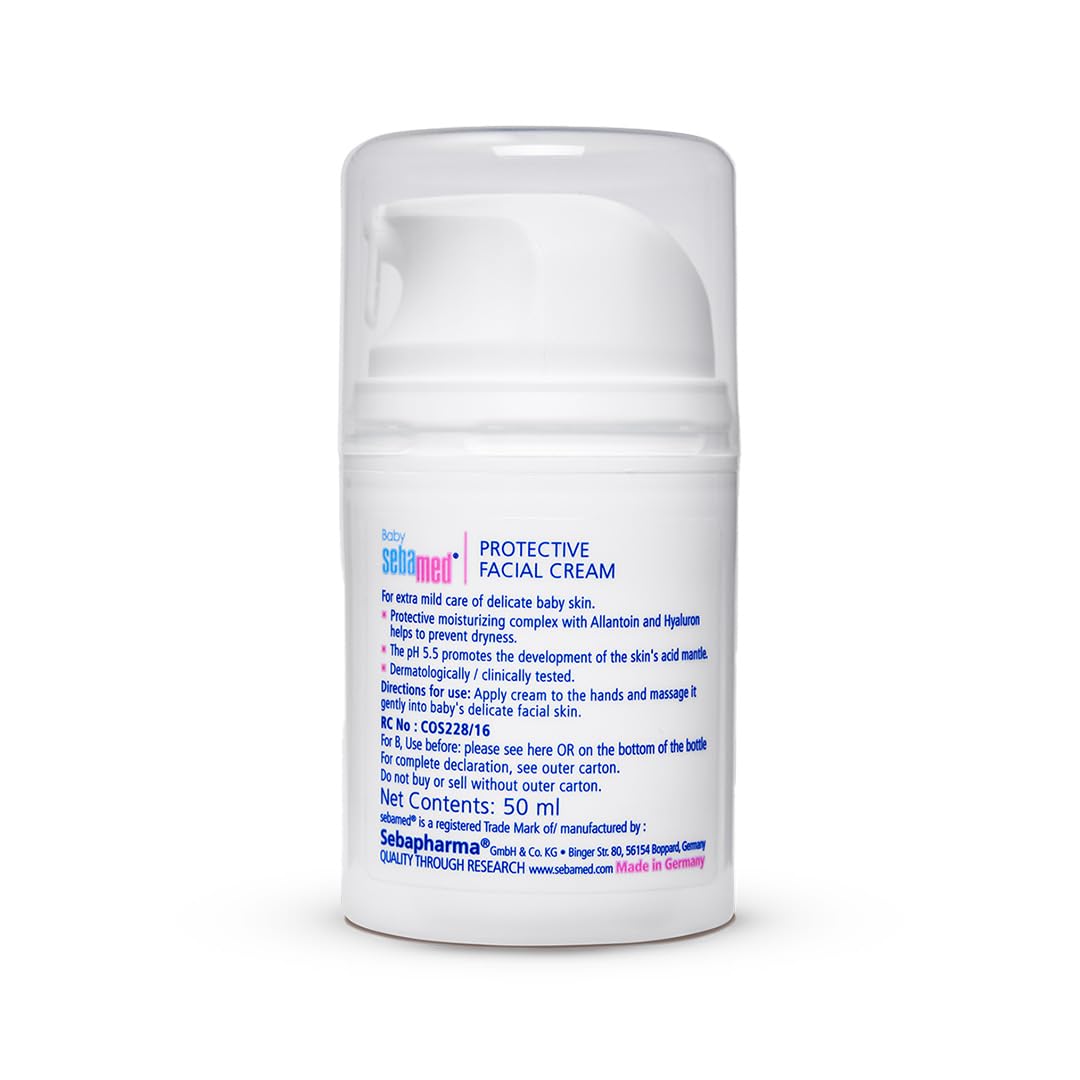 White cylindrical container of sebamed protective facial cream with blue text on a white background
