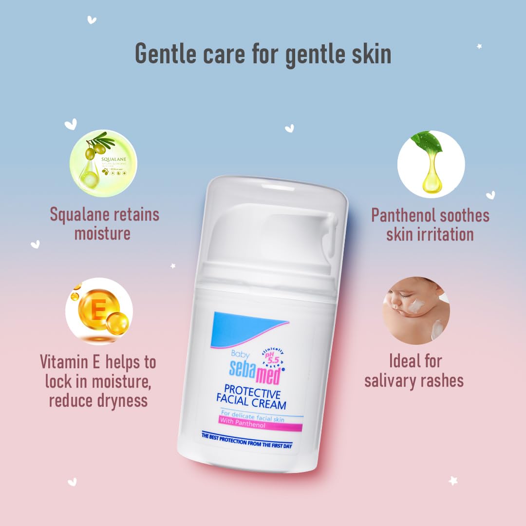 sebaMed Protective Facial Cream with benefits listed on a gradient background