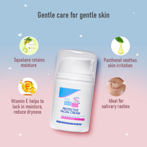 sebaMed Protective Facial Cream with benefits listed on a gradient background