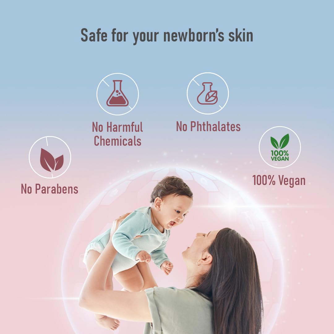 Mother holding a baby with product safety features highlighted on a gradient background