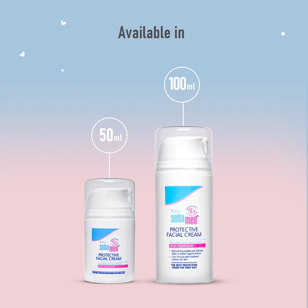 Two bottles of sebamed Protective Facial Cream on a gradient background with 'Available in' text.