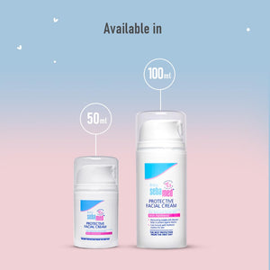Two bottles of sebamed Protective Facial Cream on a gradient background with 'Available in' text.