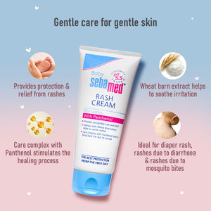 Sebamed baby rash cream with product features on a light blue and pink gradient background