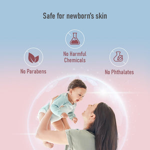Mother holding her baby with product safety features highlighted on a gradient background