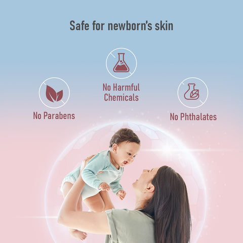 Mother holding her baby with product safety features highlighted on a gradient background