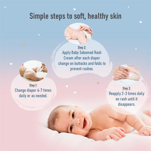 Sebamed baby rash cream care instructions for soft, healthy skin with a baby lying down.