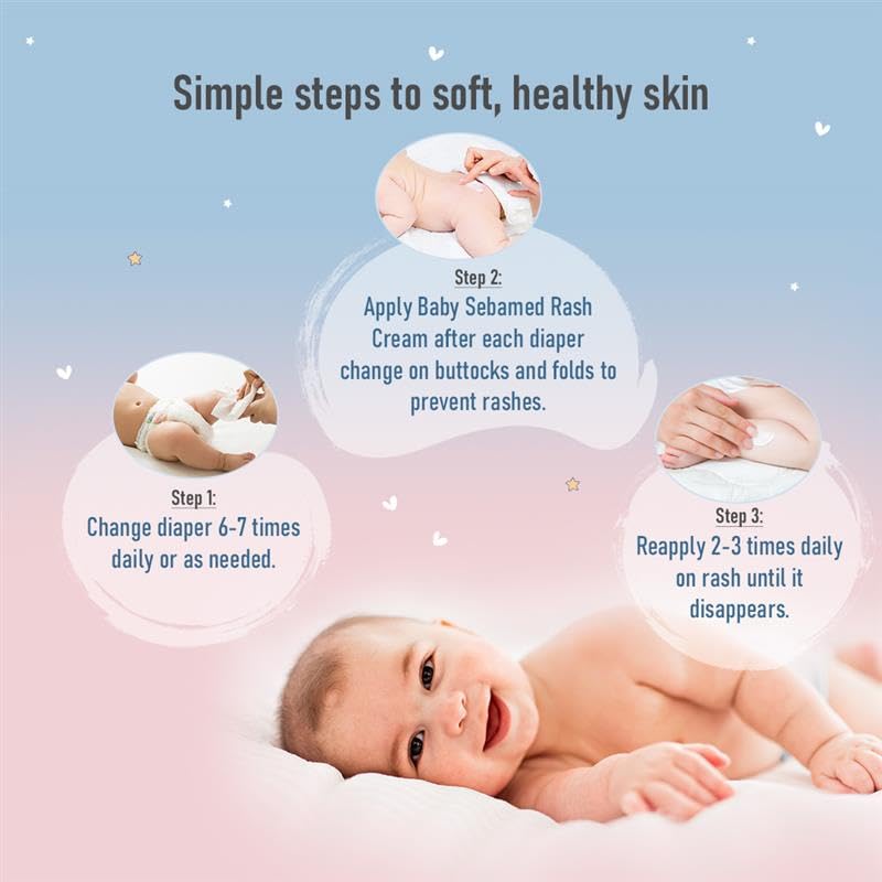 Sebamed baby rash cream care instructions for soft, healthy skin with a baby lying down.