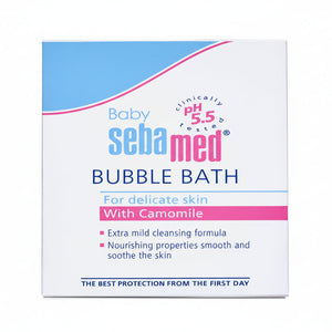 Sebamed baby bubble bath packaging with blue and white design