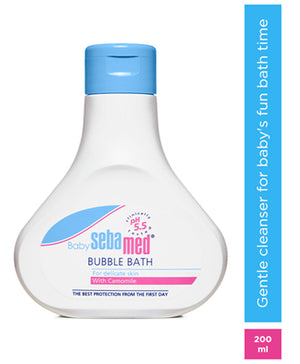 Sebamed baby bubble bath bottle with blue cap on a white background