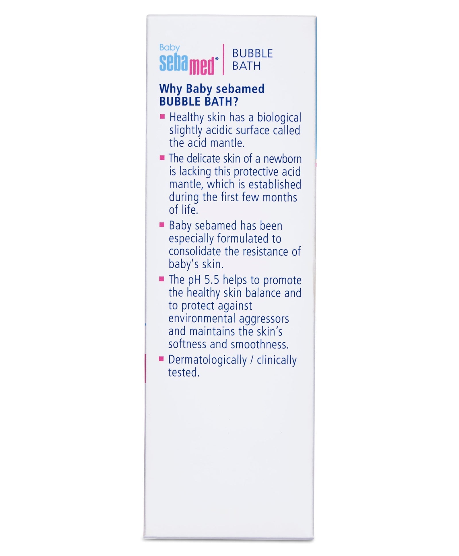 Baby Sebamed Bubble Bath packaging with text on a white background