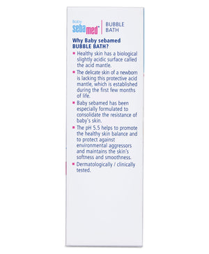 Baby Sebamed Bubble Bath packaging with text on a white background