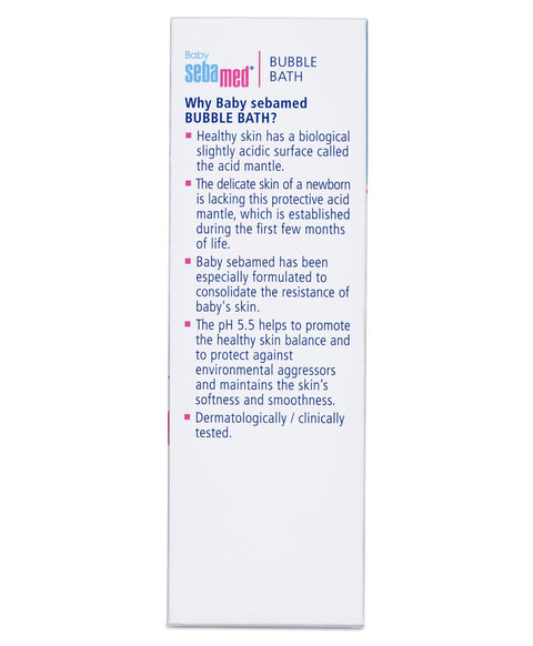 Baby Sebamed Bubble Bath packaging with text on a white background