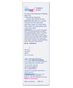 Sebamed baby bubble bath packaging with text and product details on a white background