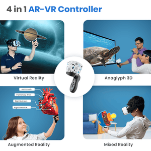 4-in-1 AR-VR controller with examples of virtual reality, anaglyph 3D, augmented reality, and mixed reality usage.