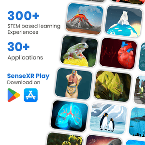 Promotional graphic for SenseXR Play with various educational app icons and text about STEM learning experiences.
