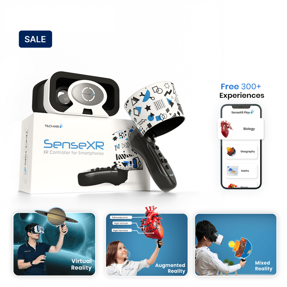 Sense XR AR-VR Educational Controller by Tech XR with headset and smartphone app, available at Go Science for immersive learning in biology and geography.