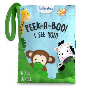 Skillmatics Peek A Boo i see you In the Jungle Soft Cloth Book at Go Littles product image 1. Skillmatics Peek-a-Boo book for children with cartoon animals on a white background
