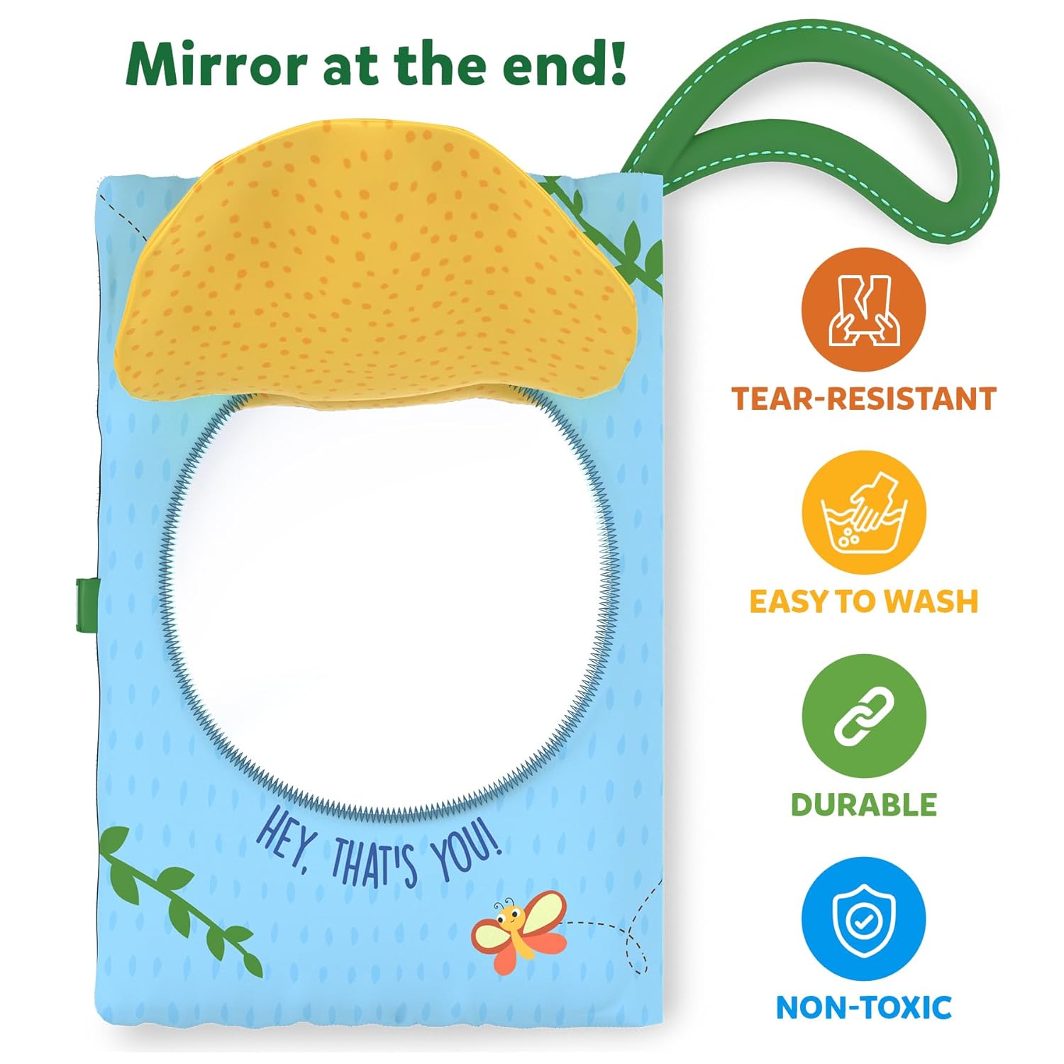 Skillmatics Peek A Boo i see you In the Jungle Soft Cloth Book at Go Littles product image 7. Children's mirror with yellow top and blue base, featuring a green handle, on a white background.