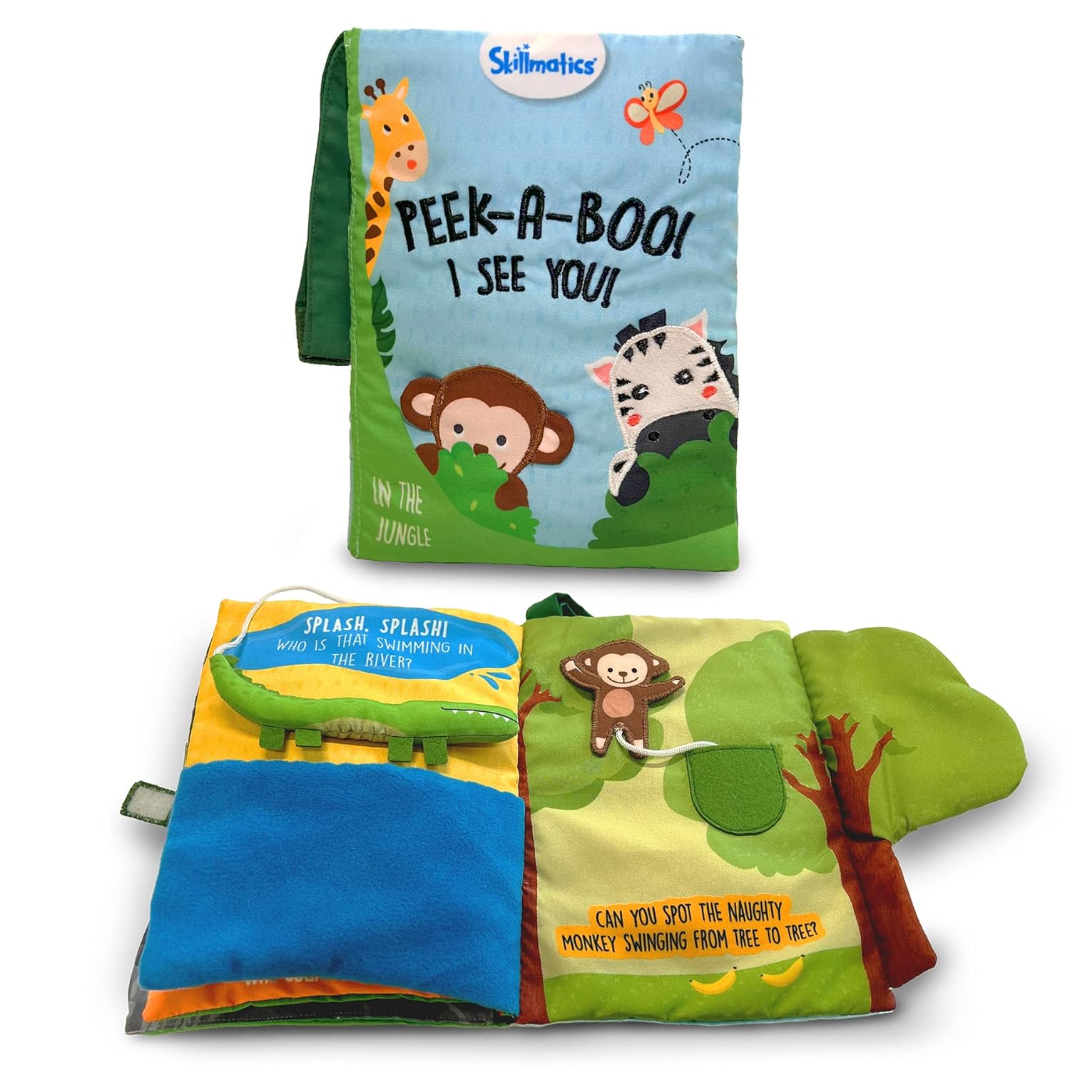 Skillmatics Peek A Boo i see you In the Jungle Soft Cloth Book at Go Littles product image 8. Children's soft book with jungle-themed illustrations on a white background